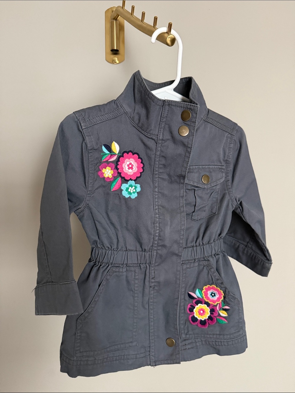 Hanna Andersson Girls Jacket 80 Gray Floral Embroidered Utility Coat Toddler
